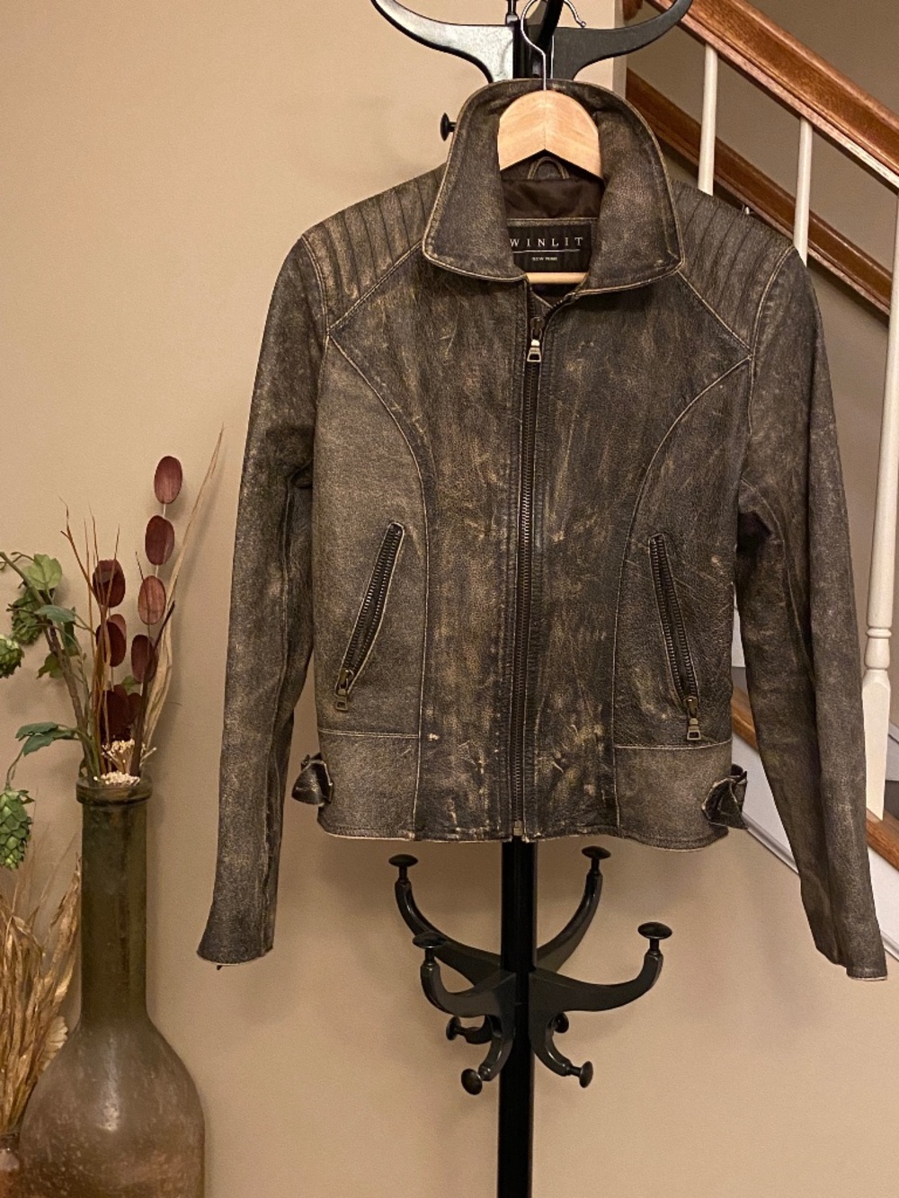 Vintage Winlit NY Distressed Dark Brown Leather Biker Jacket Size XS/S
